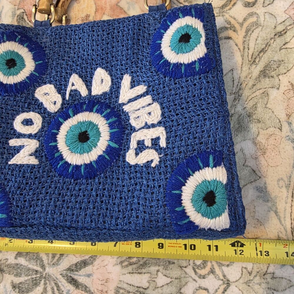 No Bad Vibes Purse - America & Beyond Small Tote Bag - Blue - Bamboo Handles - Picture 4 of 8